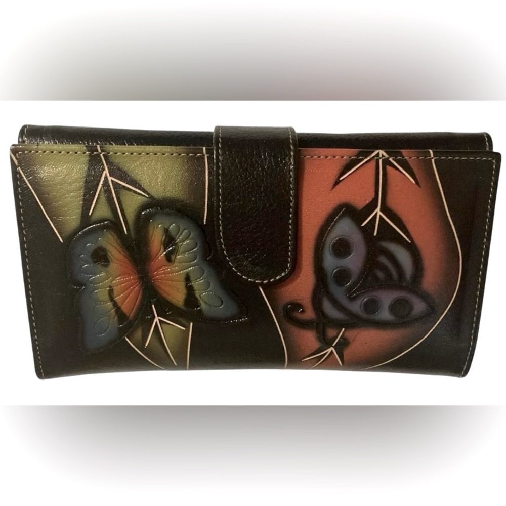 EUC~WALLET BEAUTIFUL & FUNCTIONAL BLACK LEATHER WITH LADYBUG & BUTTERFLY DESIGN